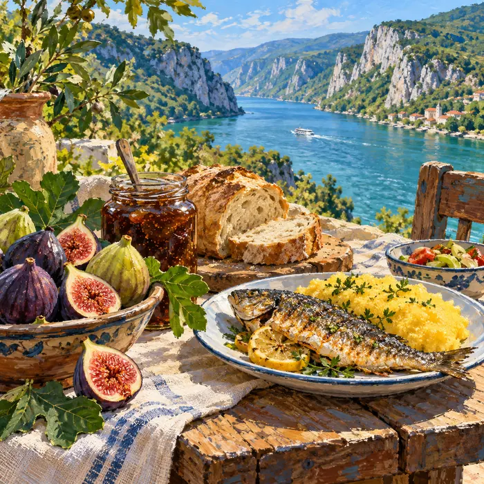 Ilustrație conceptuală cu smochine, pâine și pește lângă Dunăre