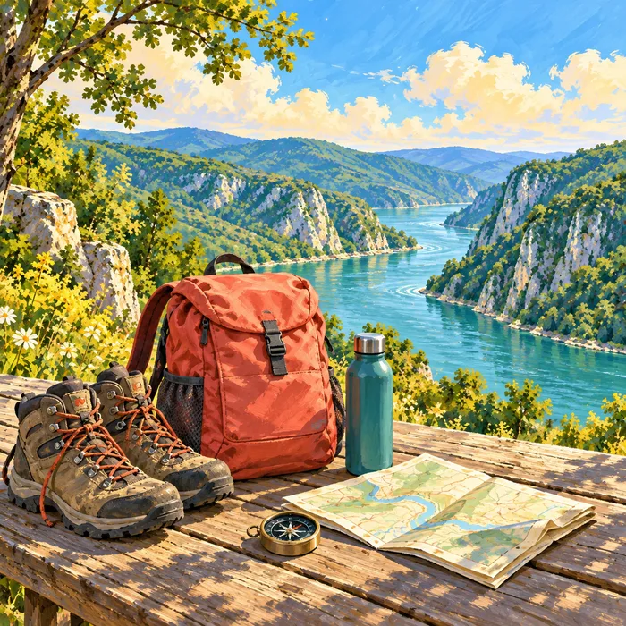 Rucsac, bocanci, apă, busolă și hartă ilustrate lângă Dunăre
