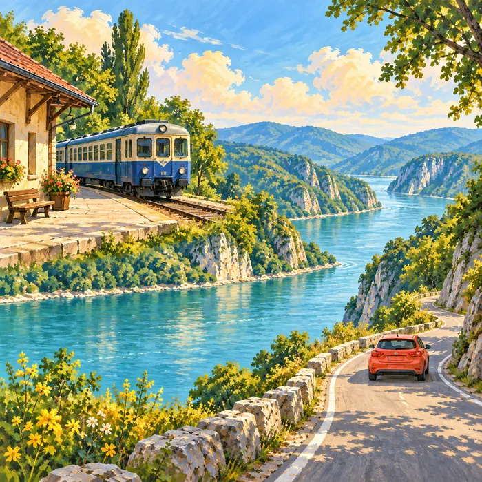Ilustrație conceptuală cu tren, șosea și Dunăre