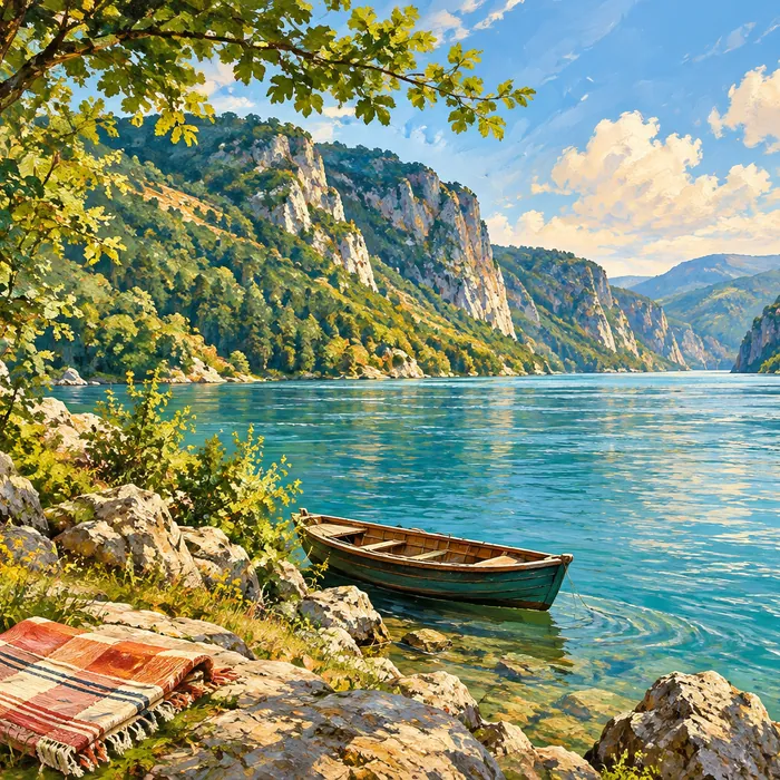 Ilustrație pictată cu Dunărea, versanți împăduriți și o barcă mică la mal