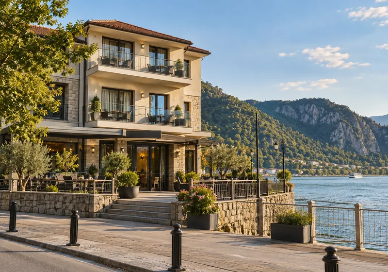 Imagine ilustrativă generată: hotel mic cu terasă pe malul Dunării