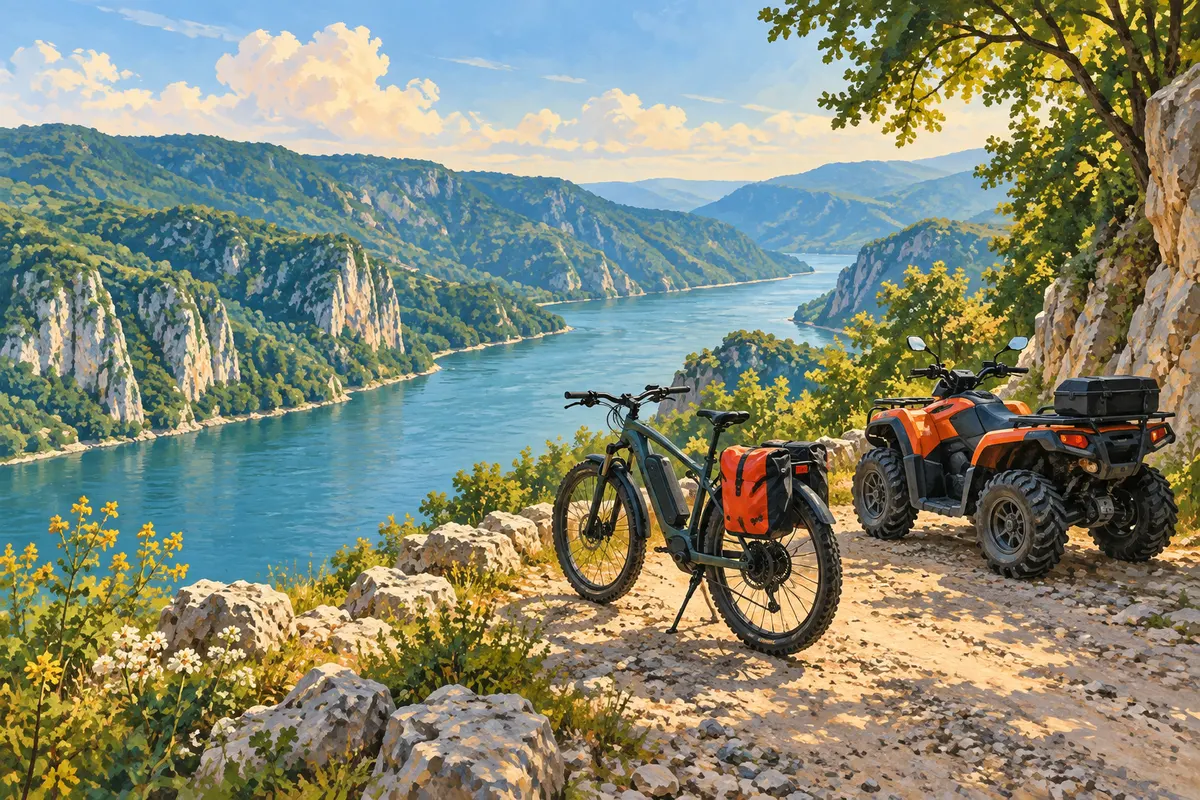 Ilustrație pictată cu o bicicletă electrică și un ATV deasupra Dunării
