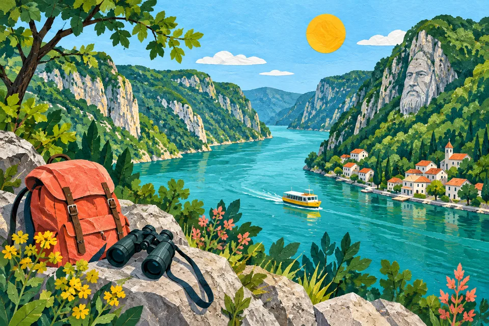 Ilustrație originală de vacanță: Dunăre, dealuri, barcă și bagaj de călătorie